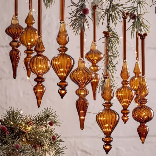 12 Pcs Vintage Glass Finial Christmas Ornaments, Dark Brown