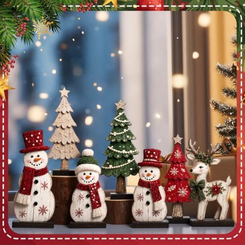 7 Pcs Christmas Table Decor Wooden Snowman Tree Deer Decor, Red,Green