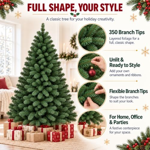 4.5ft Artificial Christmas Tree, Realistic Full Unlit Holiday Décor