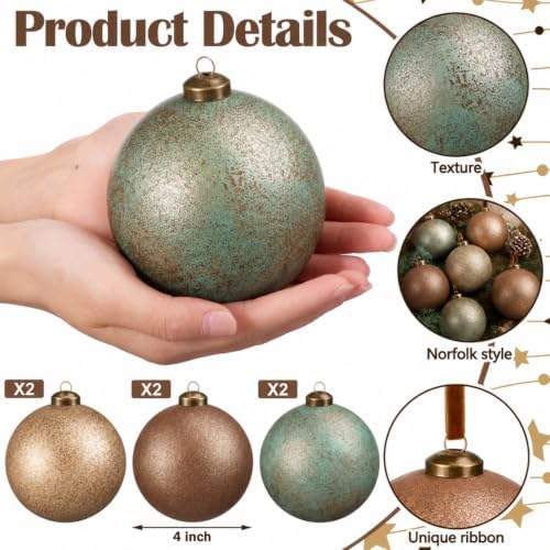 Yunlly 12 Pcs Neutral Christmas Ornament, Brown Copper Sage Green, 4''