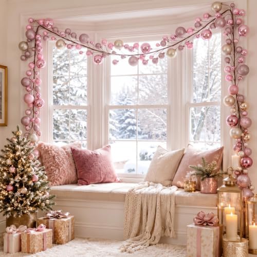 2 Pcs 6 ft Christmas Ball Ornament Garland, Pink, Champagne Gold