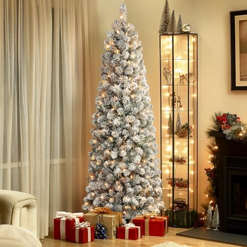 SHareconn 4ft Prelit Snow Flocked Artificial Slim Pencil Christmas Tree