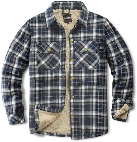 Men's Sherpa Cotton Flannel Shirt Jacket Plaid Button Coat Pocket