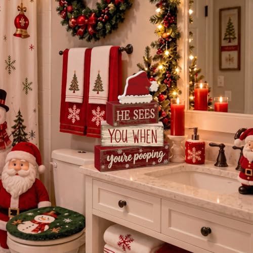 Moucuny 4 Pcs Christmas Bathroom Decorations, Funny Christmas Wooden Signs