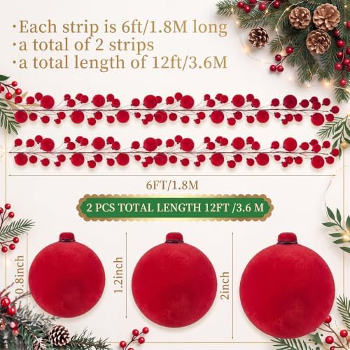 2 Pcs 6 ft Red Velvet Christmas Ball Ornament Garland