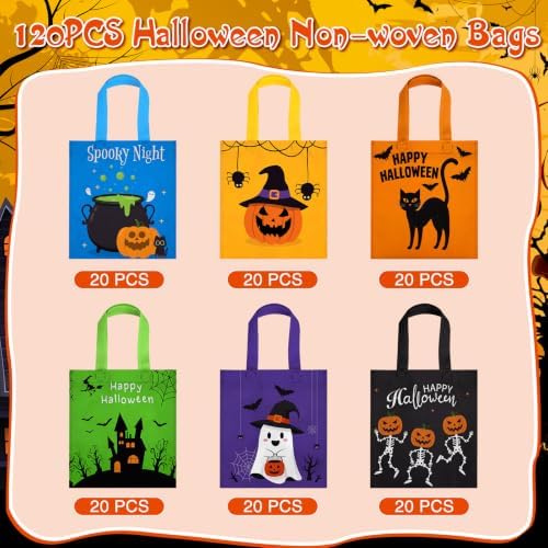 Sweetude 120 Pcs Halloween Tote Bags Bulk Trick Treat Bag with Handles Reusable Non Woven Halloween Treats Party Gift Favors Bags for Kids(Spider Pumpkin)