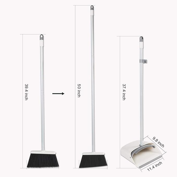 Broom and Dustpan Set, JEHONN Long Handle Lightweight Broom Set Upright Standing Dustpan Stand Up Sweep Set for Home Room Kitchen Office Lobby