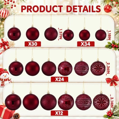 100 Pcs Burgundy Christmas Ball Ornaments for Tree, 6 Styles in 4 Sizes