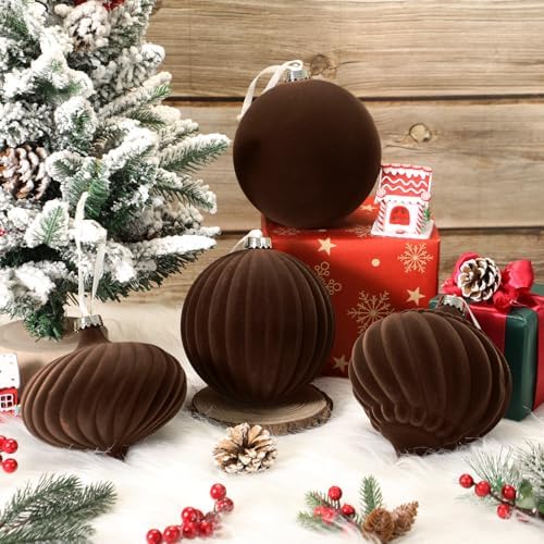 Civaner 4 Pcs Velvet Christmas Ball Ornaments,6 Inch,Brown