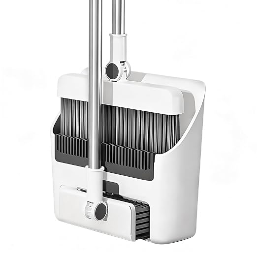 Broom and Dust Pan, Broom and Dustpan Set with Push Brooms, Self-Cleaning Comb & Space-Saving Design for Indoor Outdoor Cleaning (White)