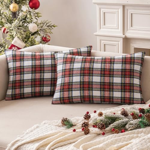MIULEE Christmas Plaid Pillow Cover Scottish Tartan 12x24 Red and White