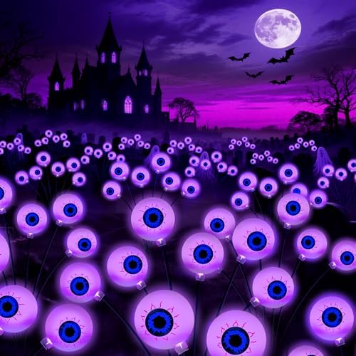 Purple Halloween Decorations Outdoor, 8 Pack 48 LED Solar Scary Eyeball Swaying Lights, Purple Solar Firefly Light Waterproof Outdoor Garden Lights for Halloween Yard Garden Lawn Party Flower Bed