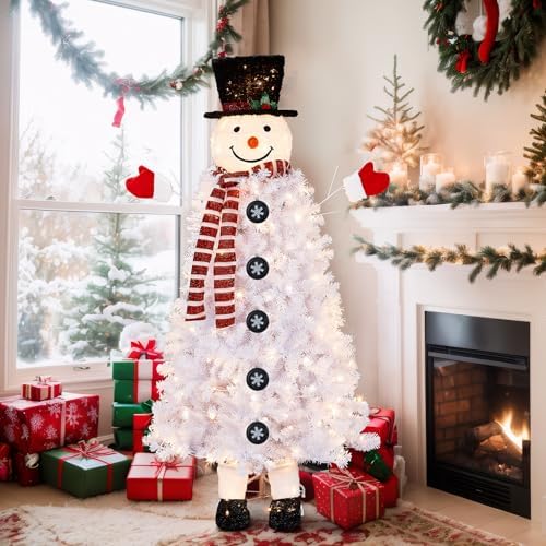 VINGLI 6ft Snowman Christmas Tree with 220 LED Lights, 708 Tips Artificial Xmas Tree, 10 Light Modes, Festive Indoor Christmas Decor for Holiday Party and Home Pre-Lit Design
