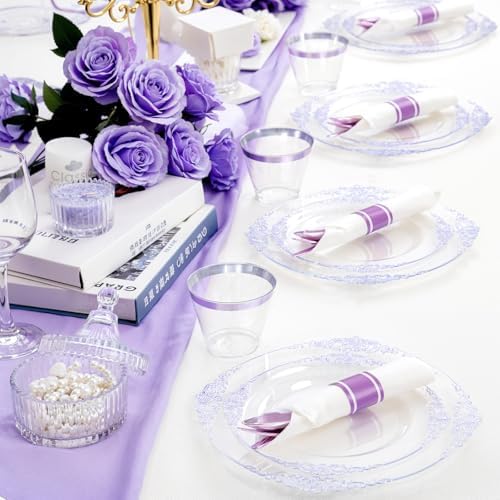 Hioasis 175 Pcs Clear Purple Plates for Party