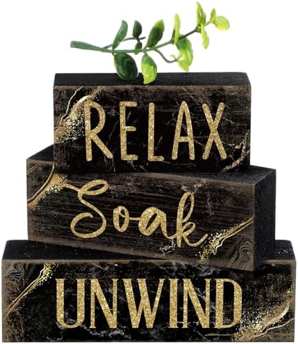 Moucuny 4 Pcs Black Gold Bathroom Signs Relax Soak Unwind Wooden