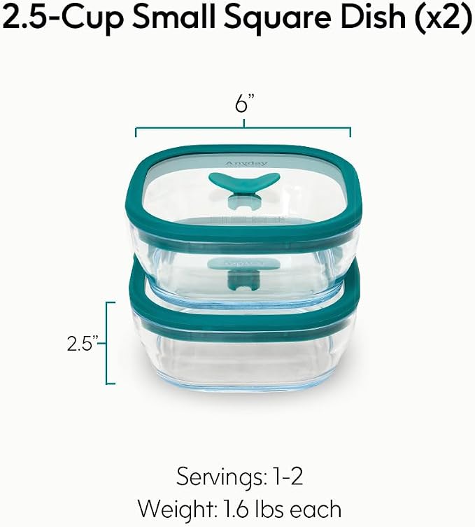 Anyday 2 Pack 2.5 Cup Glass Lunch Containers (Kale) | Microwave Safe, Bowls with Glass Lids for Work, Food Storage, Bento Box Meal Prep Container