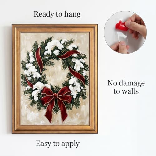 Framed Canvas Wall Art Expressive Painterly Evergreen Wreath Snow White and Red Accents Canvas Print Poster Gold Frame Wall Decor for Living Room Winter Art, Holiday Decor - Inch 8x10