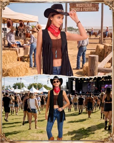 Women Western Cowgirl Outfit 8Pcs Tassel Vest Hat Bandana Jewelry Set