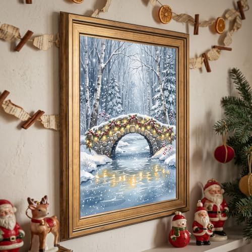 Framed Snowy Bridge Winter Art Print Gold Frame Inch 24x36