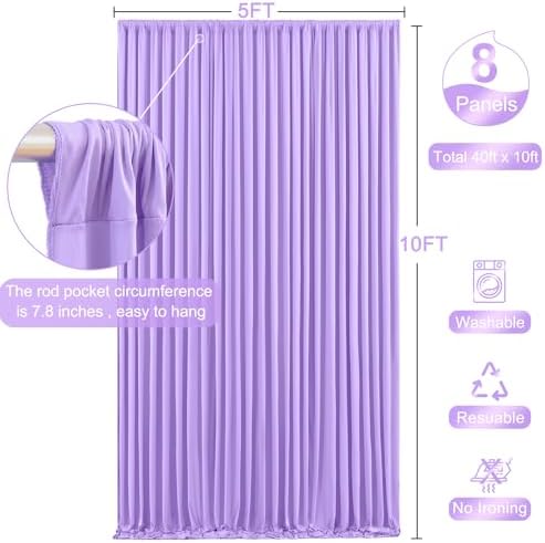 8 Panels Lavender Backdrop Curtain for Parties Wedding Wrinkle Free Light Purple Photo Curtains Backdrop Drapes Fabric Decoration for Baby Shower Photoshoot 40ft(W) x 10ft(H)