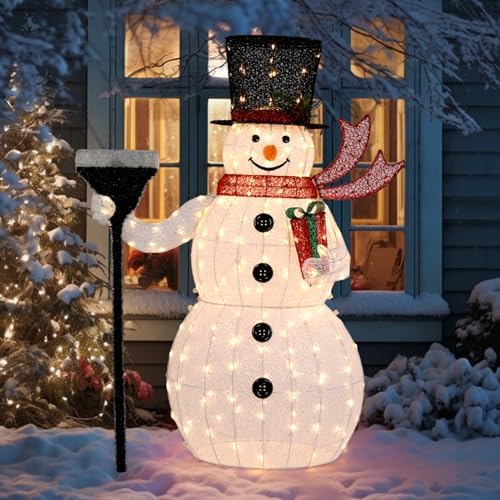 VINGLI 5FT Outdoor Snowman Christmas Decorations, Lighted Outdoor Snowman w/200 LED Lights, Tall Hat, Red Scarf, Ground Stakes, Zip Ties for Indoor, Yard, Outside Xmas Decor