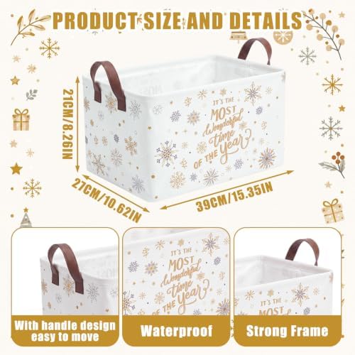 CHENGU 6 Pack Christmas Storage Basket Collapsible Christmas Wishes Basket for Gifts Holiday Decor Let It Snow Sign Large Gold Bin Foldable Xmas Tree Box with Handle for Bedroom Office Home