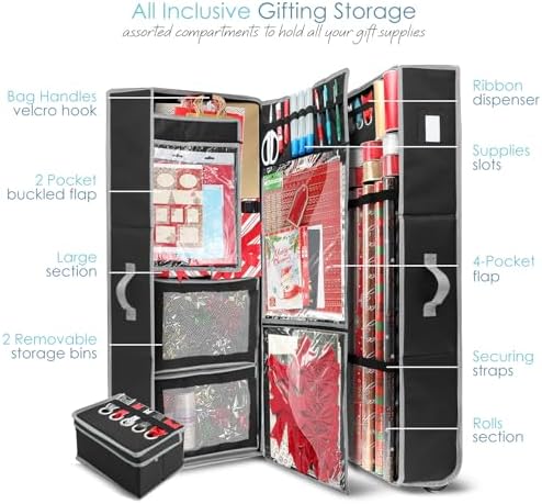 Hearth & Harbor Holiday Storage with Extra 2 PC of Christmas Storage Bins and Ribbon Storage Organizer - Fade Resistant Wrapping Paper Storage Containers with Wheels Fits Up to 30 Rolls of 40" Length