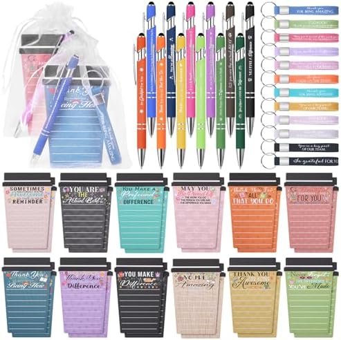 24 Set Employee Appreciation Gifts Bulk - 24 Coffee Cup Notepad+ 24 Ballpoint Pens+ 24 Drawstring Gift Bags + 24 Keychain, Bulk Gifts for School Office Christmas Teacher's Day Coworker Nurse Employee