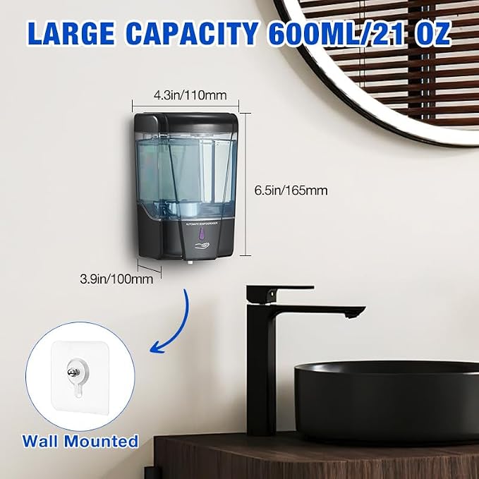 Automatic Soap Dispenser Touchless,600 ml / 20 oz Commercial Hand Soap Dispenser,Wall Mount Hand sanitizer Dispenser for Bathroom Offices Home Kitchen Hotel（Black）