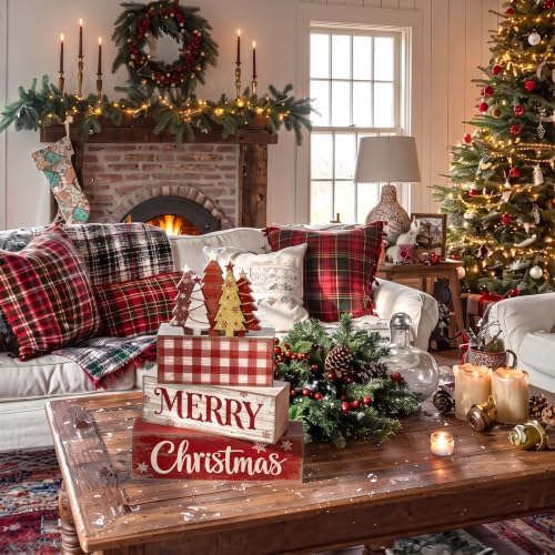 Moucuny 4 Pcs Christmas Table Decor Rustic Merry Wooden Christmas Tree Sign