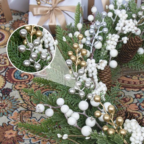 LLZLL 32 Pack Christmas Picks Artificial Christmas Tree Berries 6.5 Inch Holly Berry Stems for Winter Xmas Holiday DIY Ornaments（Champagne）