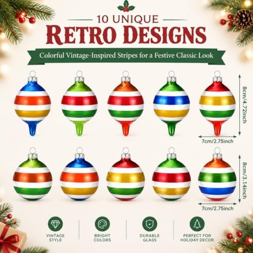 Soulchen 10 Pcs Vintage Glass Christmas Ornaments, Stripes, Festive