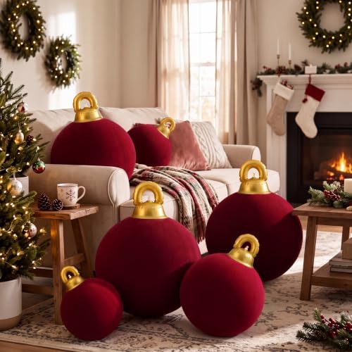 Jenaai 6 Pcs Burgundy Giant Velvet Christmas Inflatable Ball Ornament