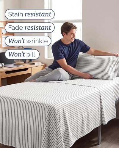 Twin XL Size 3 Piece Sheet Set - Breathable & Cooling Sheets - Grey Stripes
