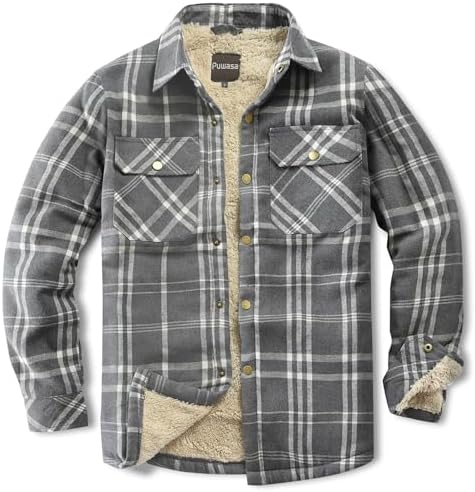 Men's Sherpa Cotton Flannel Shirt Jacket Plaid Button Coat Pocket