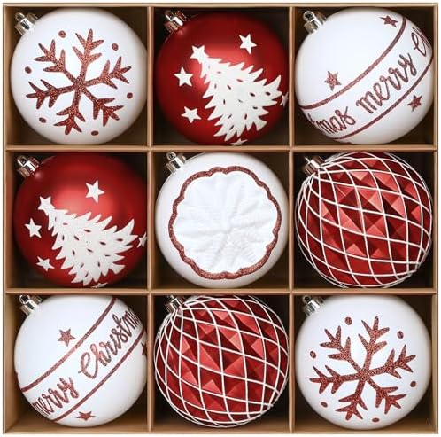 SHareconn 100MM/4 Inch 9PCS Large Christmas Balls Ornaments, Red and White