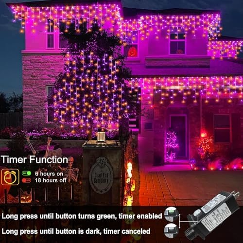 66ft Christmas Lights Outdoor, 640 LED Icicle Lights for Outside, Orange and Purple Twinkle Lights with Connectable Clear Wire 8 Modes Timer Waterproof for House Party Tree Holiday Yard Decorations
