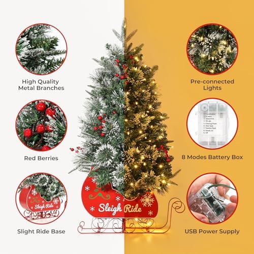 Garvee 3FT Christmas Tree,Pre-Lit Artificial Christmas Trees with Lights, Small Xmas Trees with Sleigh Base & 78 Warm White Lights, Christmas Decoration for Home, Office,2 PCS