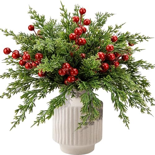 60 Pcs Christmas Artificial Pine Branches Red Berry Stems Faux Xmas Sprigs