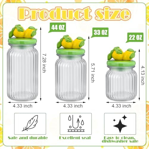 Mimorou 3 Set Lemon Glass Candy Jars with Ceramic Lids 44oz 33oz 22oz Summer Lemon Cookie Jars Airtight Glass Food Storage Containers for Summer Party Tea Cookie Snacks Sugar