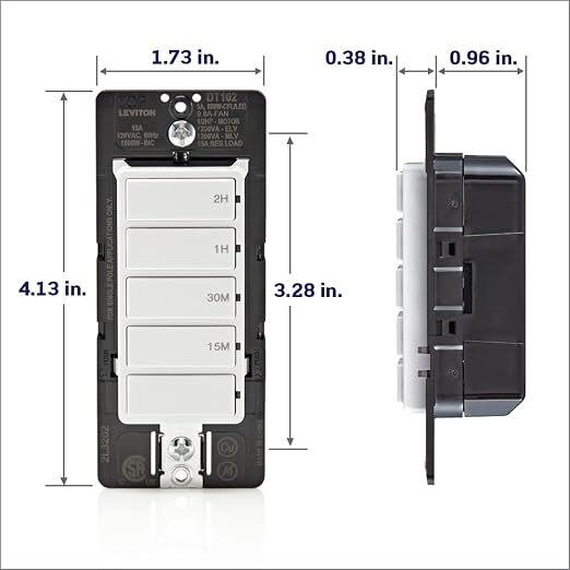 Leviton Countdown Timer Switch for household lights and exhaust fans, 15-30 min, 1-2 hour, No Neutral Wire Required, Single Pole, 15A, 1/2HP/9.8A Fan/Motor, DT102-1LW, White