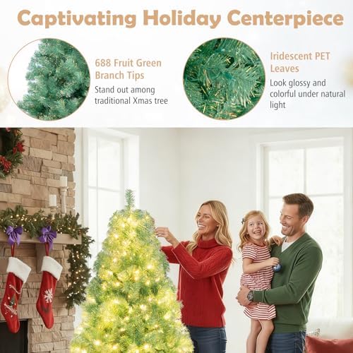HAPPYGRILL 6 FT Pre-lit Tinsel Christmas Tree Artificial Xmas Tree with 250 LED Lights, 8 Modes, 688 Fruit Green Branch Tips, Folding Metal Stand, Seasonal Holiday Tree for Home Office Party