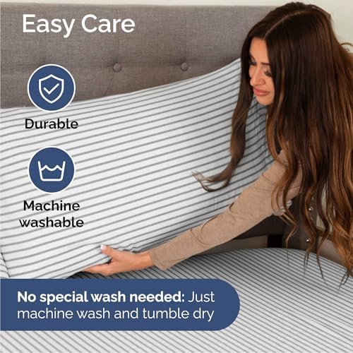 Queen Size 4 Piece Sheet Set - Breathable & Cooling Sheets - Grey Stripes