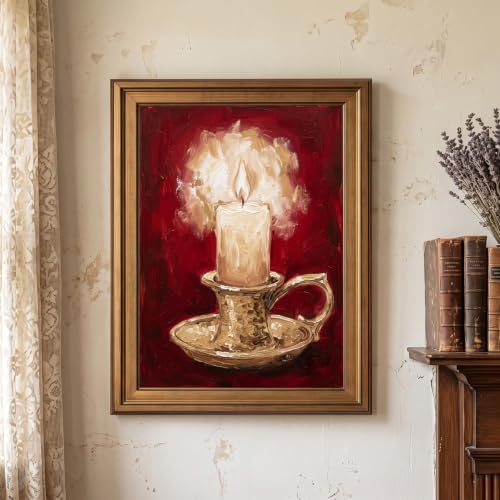 Framed Canvas Wall Art Painterly Glowing Candle Brass Holder Red and Gold Impasto Art Canvas Print Poster Gold Frame Wall Decor for Living Room Warm Ambiance, Traditional Decor - Inch 12x16