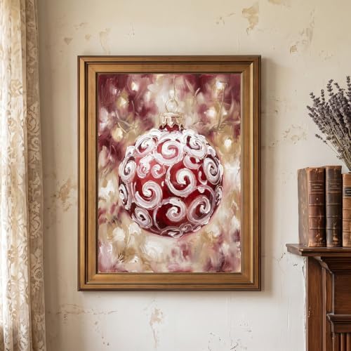 Framed Canvas Wall Art Expressive Painterly Red Glass Ornament Red and White Snow Swirls Canvas Print Poster Gold Frame Wall Decor for Living Room Holiday Decor, Christmas Spirit - Inch 24x36