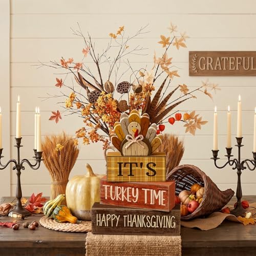 Moucuny 4 Pcs Thanksgiving Table Decorations, Turkey Time Wooden Block Sign