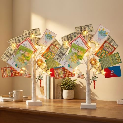 PEIDUO Set of 2 Money Trees, Lighted 22Inch 24LT White Birth Tree with Clips and Greeting Cards, Gift Card Holder for Birthday,Christmas, Wedding, Father's Day Graduation Gifts, Money Tree Gift Holder