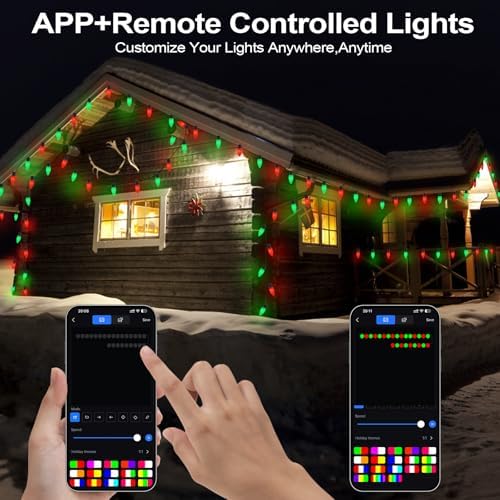 Gemce Smart C9 Christmas Outdoor Lights, 49FT 50 LEDs, APP Remote Controlled RGB String Lights, DIY Chasing Xmas Lights, Color Changing with Timer & Music Sync for Holiday Xmas Tree Decoration
