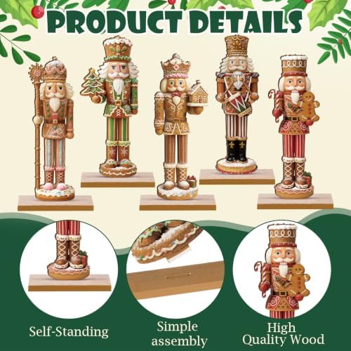 RattanView 5 Pcs Gingerbread Christmas Table Decorations Wooden Ginger Bread Nutcracker Decor Christmas Centerpiece Ginger Bread Village Xmas Nutcracker Tiered Tray Home Decor with Base for Party
