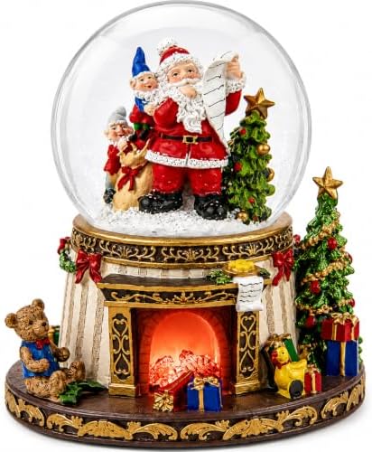 Christmas Snow Globe with Music, Santa Claus Musical Snow Globe with Automatic Snowfall, Lighted Fireplace & 8 Christmas Songs, Large Christmas Decorations Indoor for Mantel Tabletop Holiday Decor